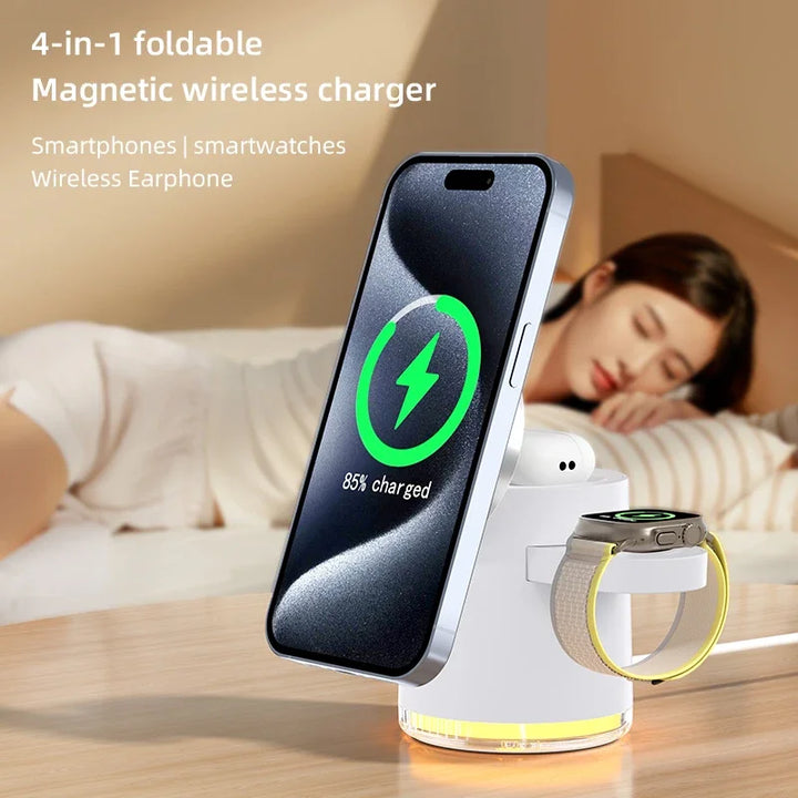 4 in 1 QI2 Wireless Charger Fast Charging Dock Stand Night Light For Magsafe iPhone 16 15 14 Pro Max Airpods Pro 2-8 Apple Watch