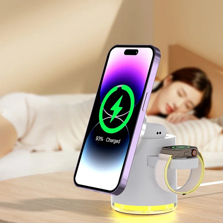 4 in 1 QI2 Wireless Charger Fast Charging Dock Stand Night Light For Magsafe iPhone 16 15 14 Pro Max Airpods Pro 2-8 Apple Watch