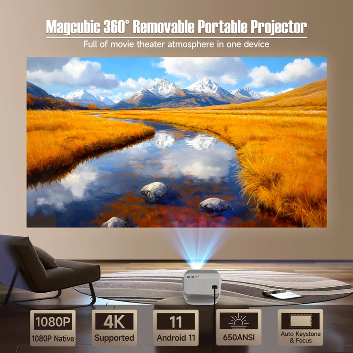 Magcubic Native 1080P 650ANSI 4K Android 11 L018 360° Projector With Auto Keystone Focus Air Mouse Wifi6 BT5.2 Portable Outdoor