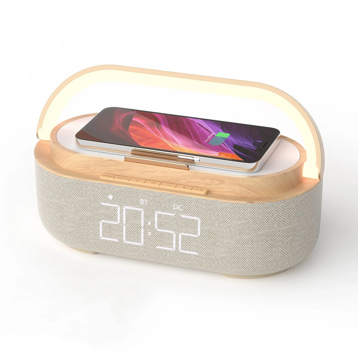 NEW Wireless Charger 15W Portable Digital FM Alarm Clock Bluetooth Speaker Radio Touch Night Light Dual Home Bedside Subwoofer