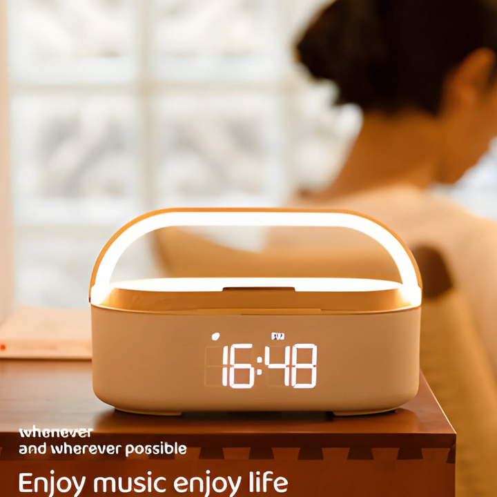 NEW Wireless Charger 15W Portable Digital FM Alarm Clock Bluetooth Speaker Radio Touch Night Light Dual Home Bedside Subwoofer